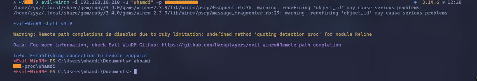 evil-winrm session as the valid user